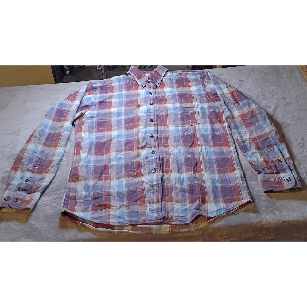 Cutter & Buck Mens Medium Plaid Button Down Shirt Burgundy Blue Long Sleeve